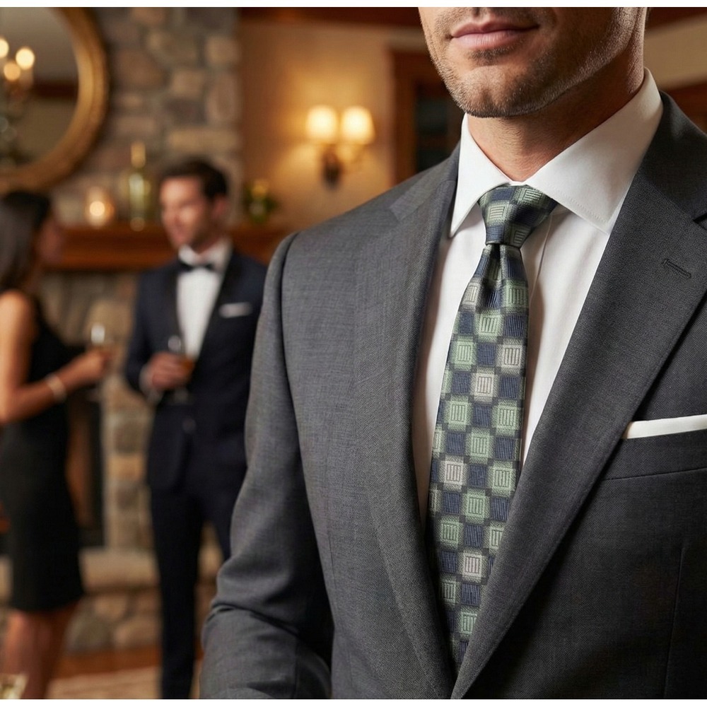 Alexander Julian Colours Tie Men Green Grey Checkered Grid Box Pattern Polyester
